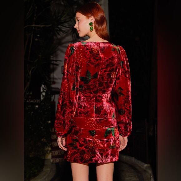 Farm Rio Red Shiny Flowers Mini Dress - Picture 4 of 9